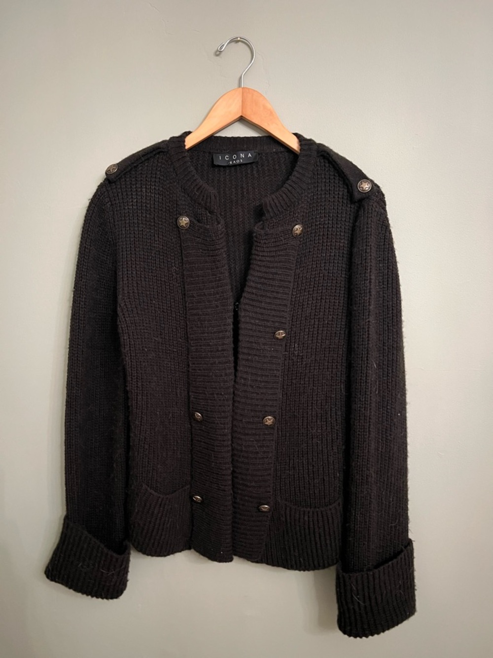 Icona by Kaos (Made in Italy) Black Ribbed Button-Front Cardigan with Epaulets